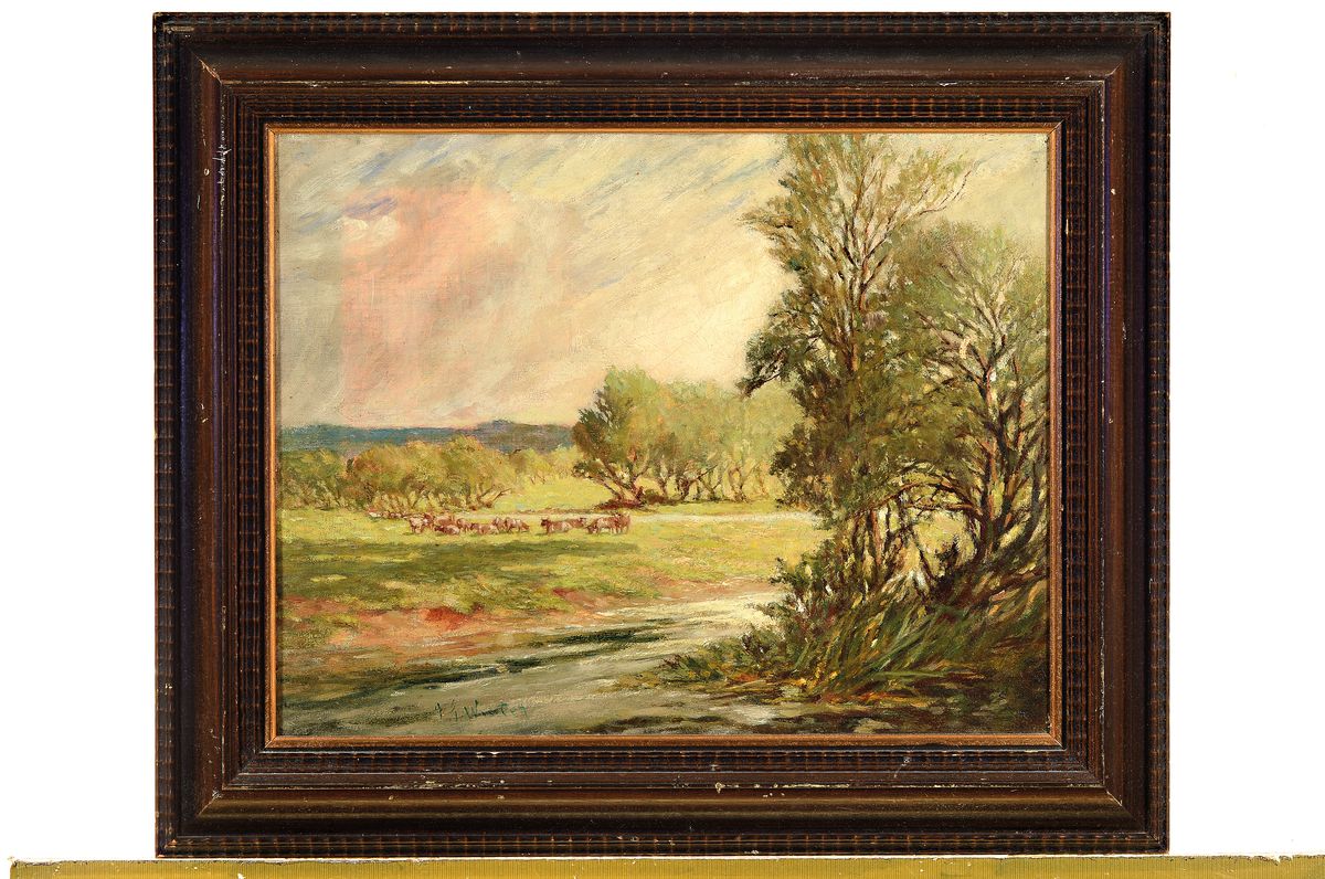 Detail k: J.G. Winter, um 1900, Weidende Kühe auf einer Wiese neben einem Bach, Öl/Lwd, links unten signiert, ca. 35x45cm, R. ca. 50x60cm