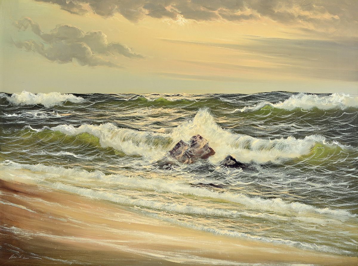 Henke oder Hanke, Marinemaler, Mitte 20. Jh., Brandung am Strand, Öl/Lwd, gekonnte Lichtführung, rechts unten signiert, ca. 60x80cm, R. ca. 74x94cm