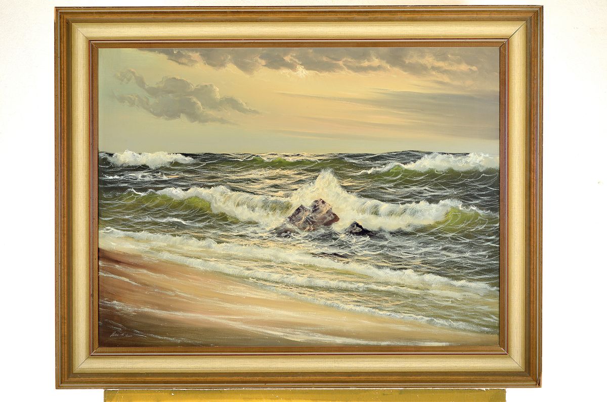 Detail k: Henke oder Hanke, Marinemaler, Mitte 20. Jh., Brandung am Strand, Öl/Lwd, gekonnte Lichtführung, rechts unten signiert, ca. 60x80cm, R. ca. 74x94cm