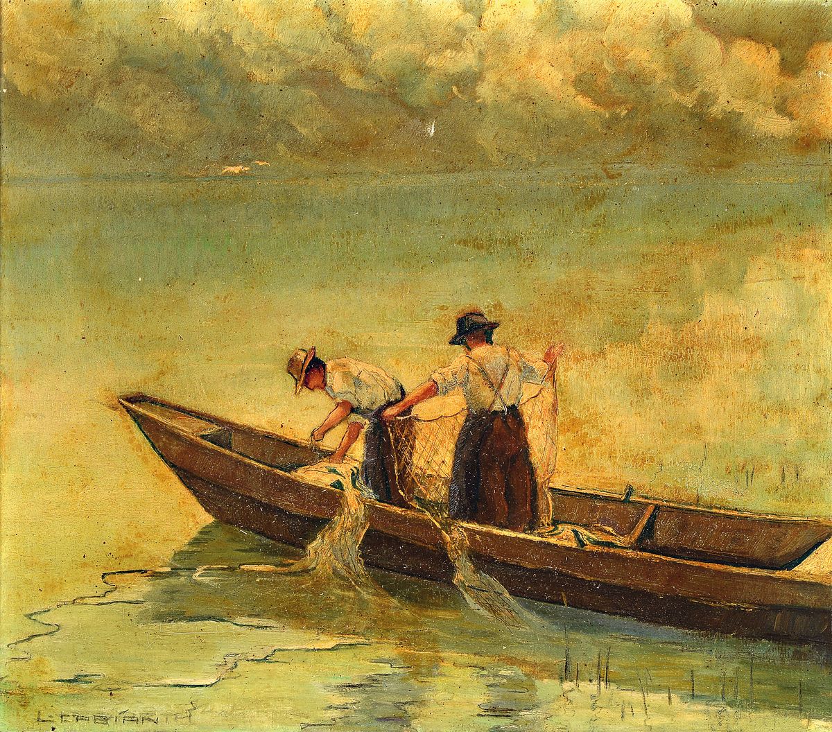 L. Fabian, Maler der Münchener Schule, um 1900, zwei Fischer mit Netzen in ihrem Boot, Öl/Lwd, links unten signiert, reinigungsbedürftig, ca. ...