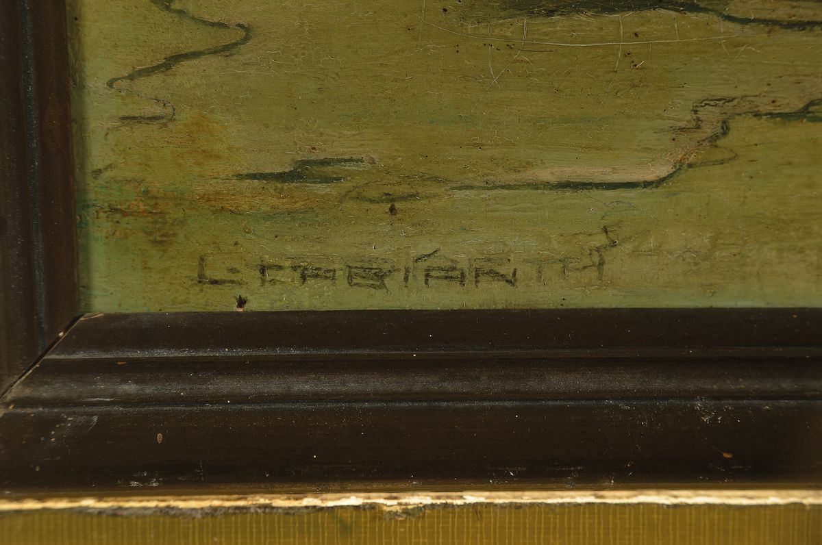 Detail a: L. Fabian, Maler der Münchener Schule, um 1900, zwei Fischer mit Netzen in ihrem Boot, Öl/Lwd, links unten signiert, reinigungsbedürftig, ca. ...