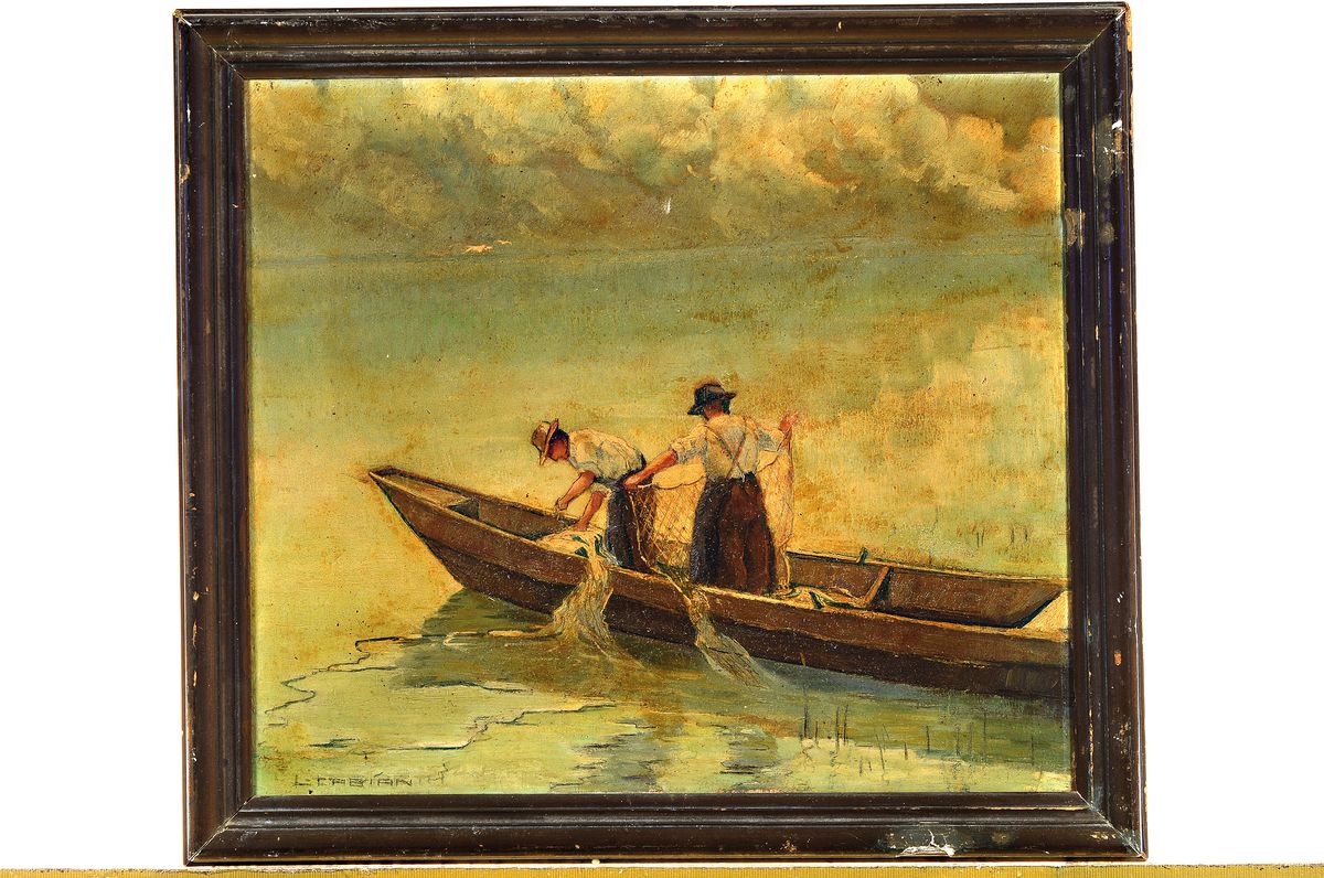 Detail k: L. Fabian, Maler der Münchener Schule, um 1900, zwei Fischer mit Netzen in ihrem Boot, Öl/Lwd, links unten signiert, reinigungsbedürftig, ca. ...