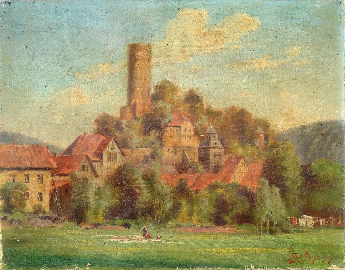 Ferdinand Siehe, datiert 1917, Blick auf eine Ortschaft und eine Burg, im Vordergrund Frau die Wäsche auf einer Wiese ausbreitend, Öl/Lwd, rechts ...