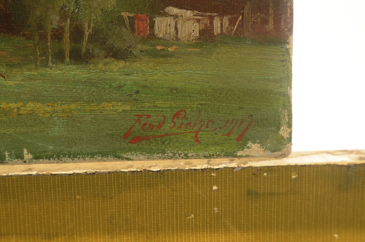 Detail a: Ferdinand Siehe, datiert 1917, Blick auf eine Ortschaft und eine Burg, im Vordergrund Frau die Wäsche auf einer Wiese ausbreitend, Öl/Lwd, rechts ...