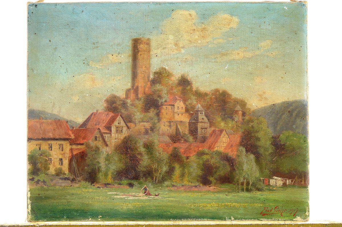 Detail k: Ferdinand Siehe, datiert 1917, Blick auf eine Ortschaft und eine Burg, im Vordergrund Frau die Wäsche auf einer Wiese ausbreitend, Öl/Lwd, rechts ...
