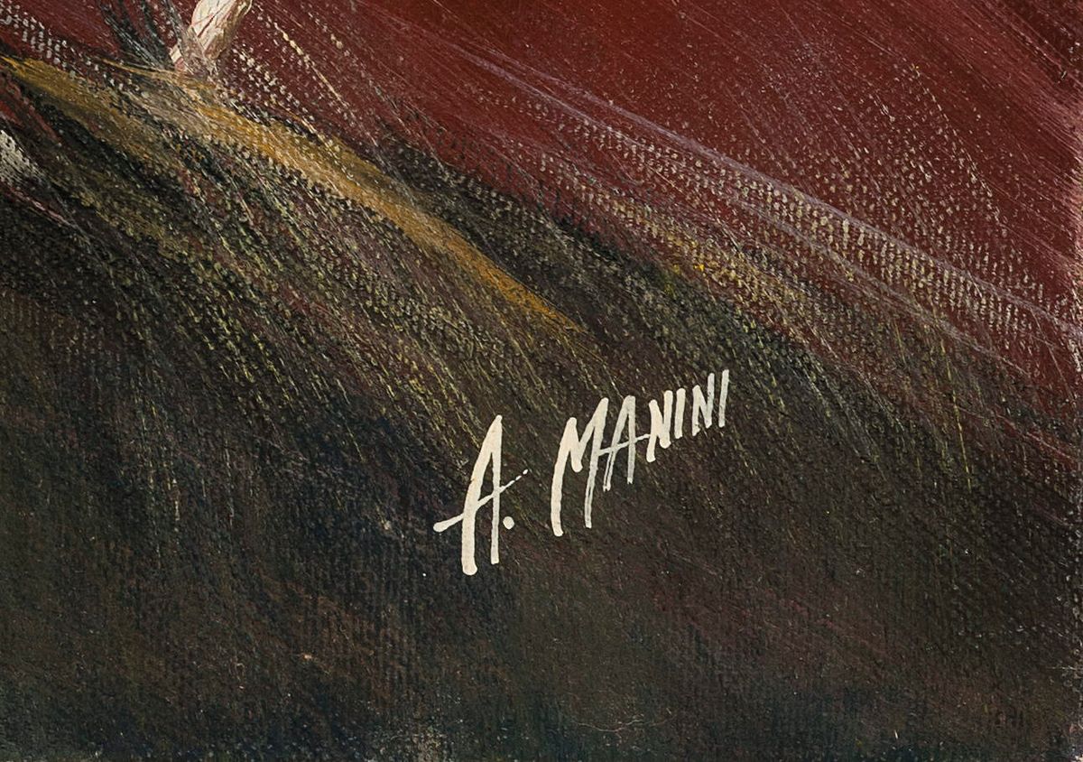 Detail a: Angelo Manini, contemporary Italian artist, trees in a storm, oil/canvas, signed lower right, titled "Vento" on the back and signedagain, ...
