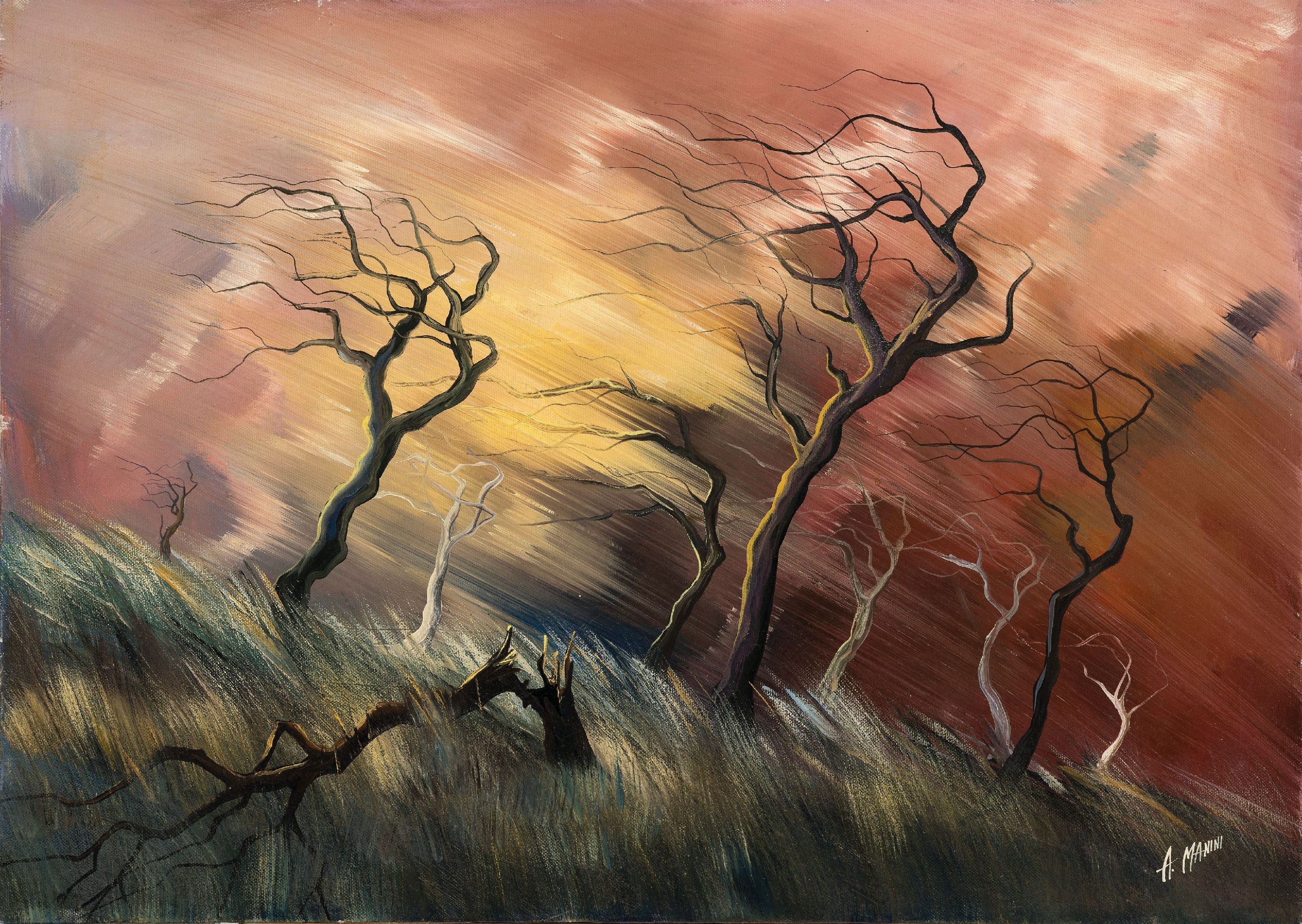 Detail k: Angelo Manini, contemporary Italian artist, trees in a storm, oil/canvas, signed lower right, titled "Vento" on the back and signedagain, ...