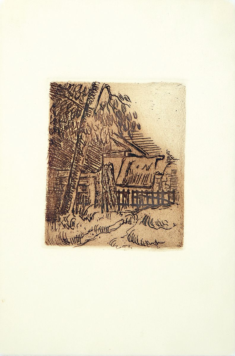 Paul Cezanne, 1839-1906, bedeutender Impressionist, hier: Entrée de ferme, Rue Remy, Radierung von 1873, ca. 10x5cm, u.Gl., R. ca. 34x25cm