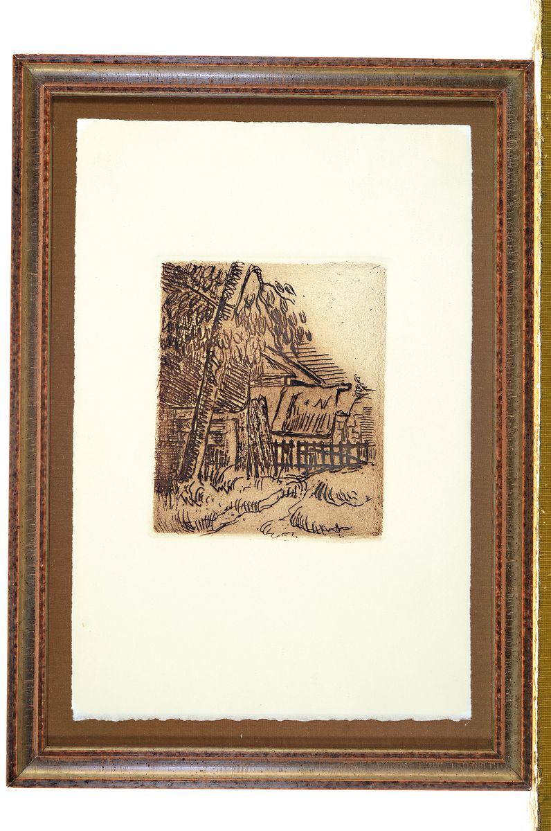 Detail k: Paul Cezanne, 1839-1906, bedeutender Impressionist, hier: Entrée de ferme, Rue Remy, Radierung von 1873, ca. 10x5cm, u.Gl., R. ca. 34x25cm