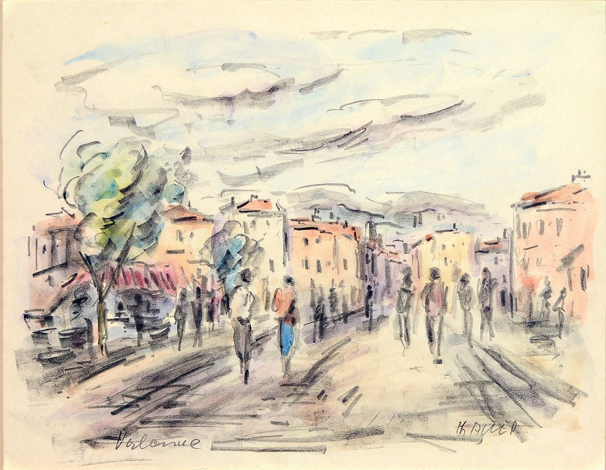 Heinz Maria Lauer, 1924 Gunzenau-2014 Saarbrücken, Flanierende Personen in einer französischen Stadt, kolorierte Bleistiftzeichnung auf Papier, ...