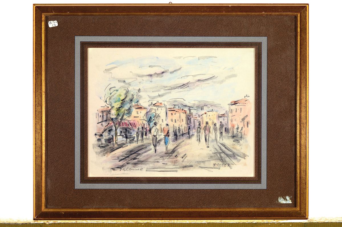Detail k: Heinz Maria Lauer, 1924 Gunzenau-2014 Saarbrücken, Flanierende Personen in einer französischen Stadt, kolorierte Bleistiftzeichnung auf Papier, ...