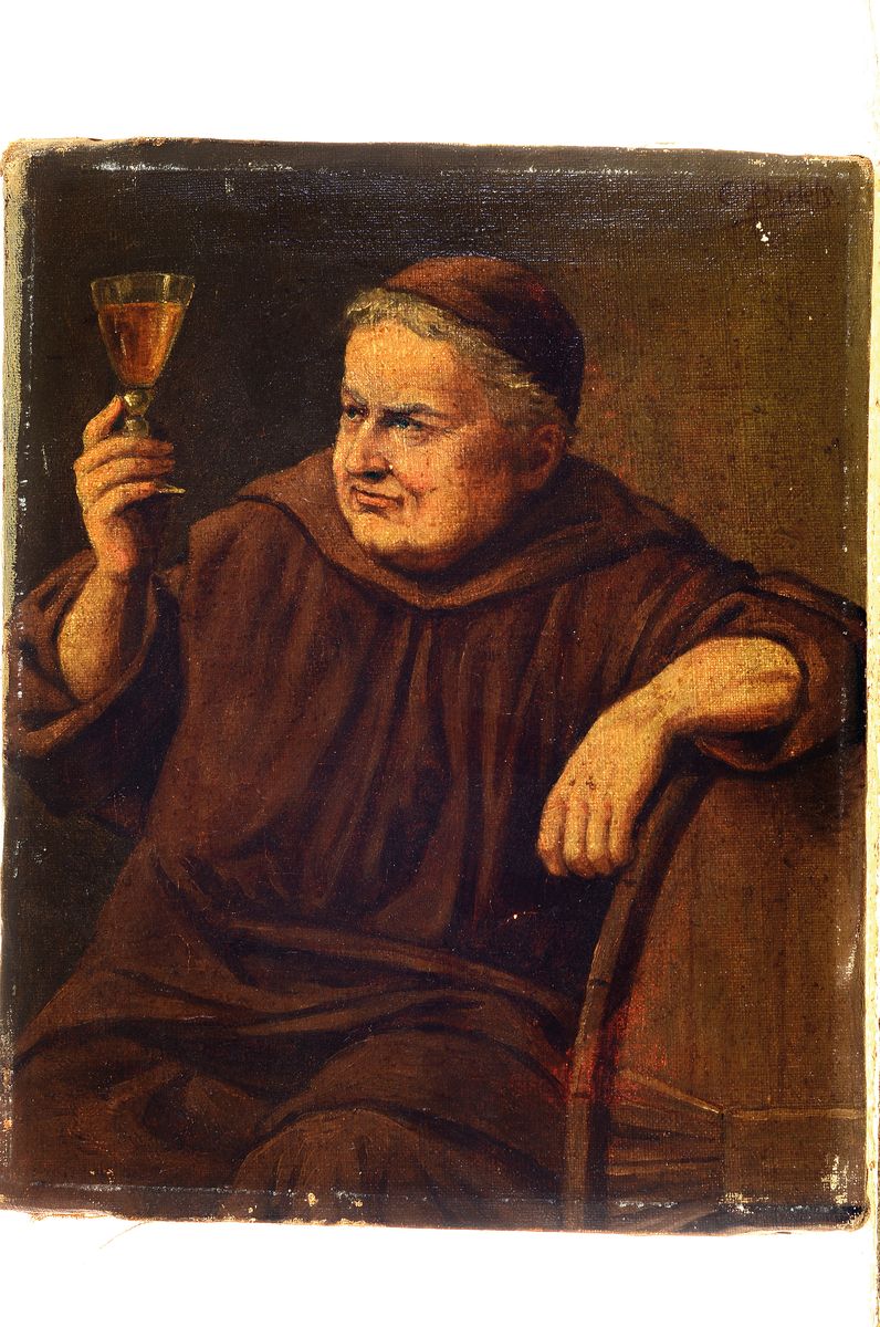 Detail k: O. Bartels, Münchener Maler, um 1900, Mönch mit erhobenem Weinglas, Öl/Lwd, rechts oben signiert, ca. 27x21cm