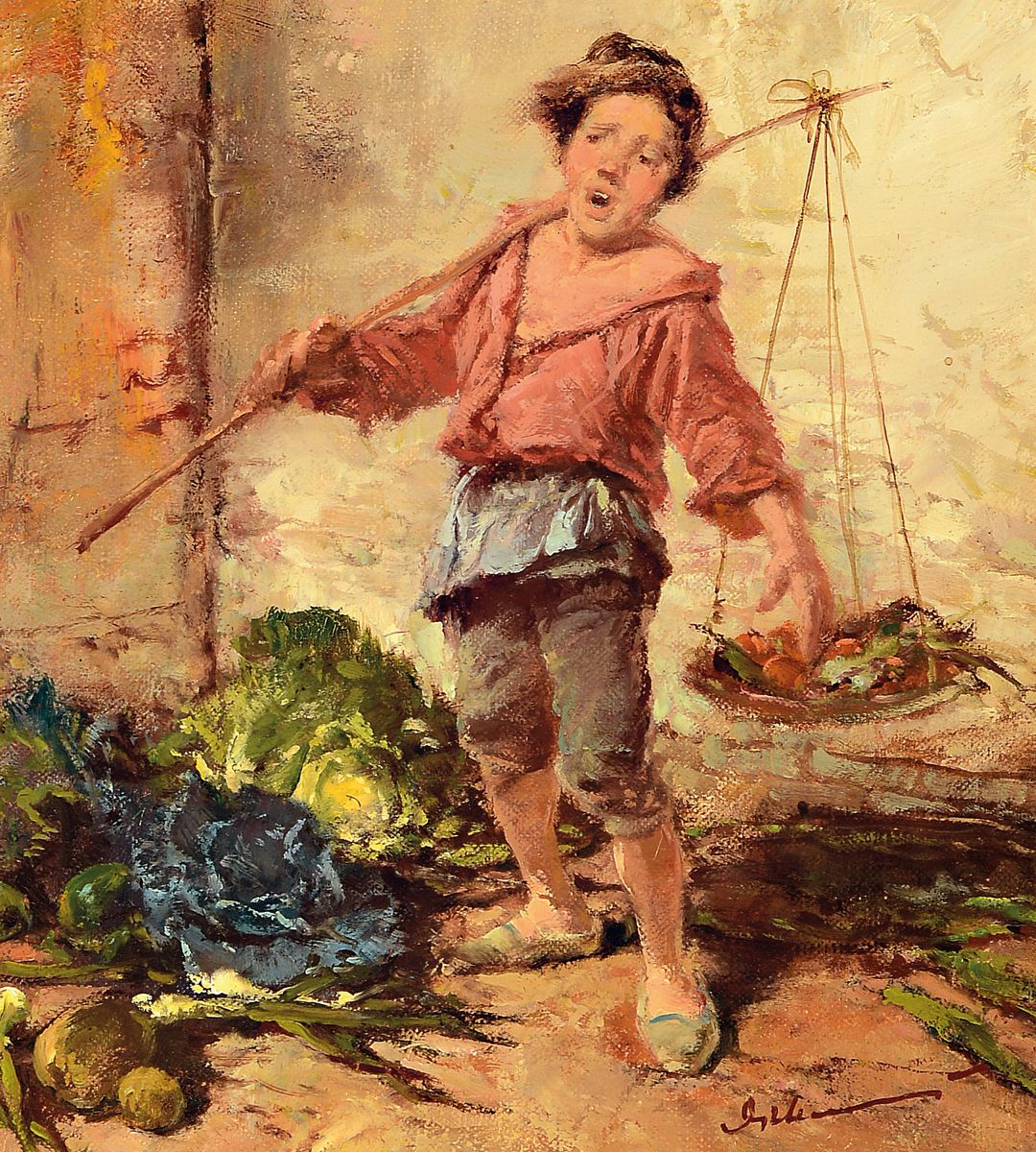 Gerhard Dickmeis, 1918 Heinsberg - 1978 Jülich, Lehre zum Plakatmaler, junger Gemüsehändler, Mimik in der Tradition des Adriaen Brouwer, Öl/Lwd, ...