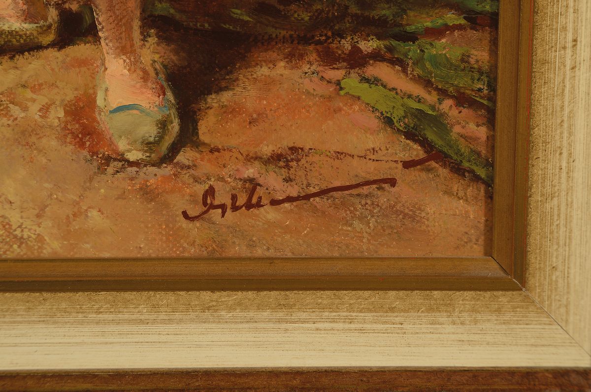 Detail a: Gerhard Dickmeis, 1918 Heinsberg - 1978 Jülich, Lehre zum Plakatmaler, junger Gemüsehändler, Mimik in der Tradition des Adriaen Brouwer, Öl/Lwd, ...