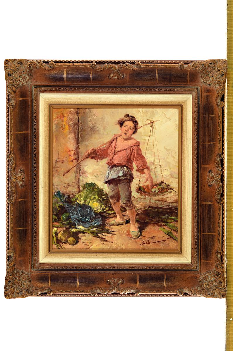 Detail k: Gerhard Dickmeis, 1918 Heinsberg - 1978 Jülich, Lehre zum Plakatmaler, junger Gemüsehändler, Mimik in der Tradition des Adriaen Brouwer, Öl/Lwd, ...