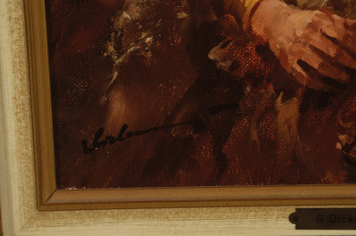 Detail a: Gerhard Dickmeis, 1918 Heinsberg - 1978 Jülich, Lehre zum Plakatmaler, Sinti-Dame mit Laute und halb entblößter Brust, Öl/Lwd, untenlinks ...