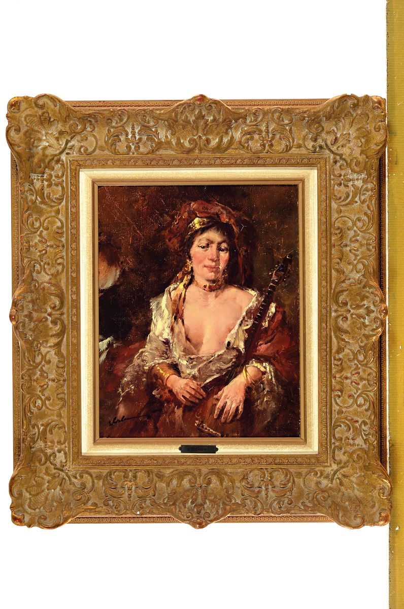 Detail k: Gerhard Dickmeis, 1918 Heinsberg - 1978 Jülich, Lehre zum Plakatmaler, Sinti-Dame mit Laute und halb entblößter Brust, Öl/Lwd, untenlinks ...