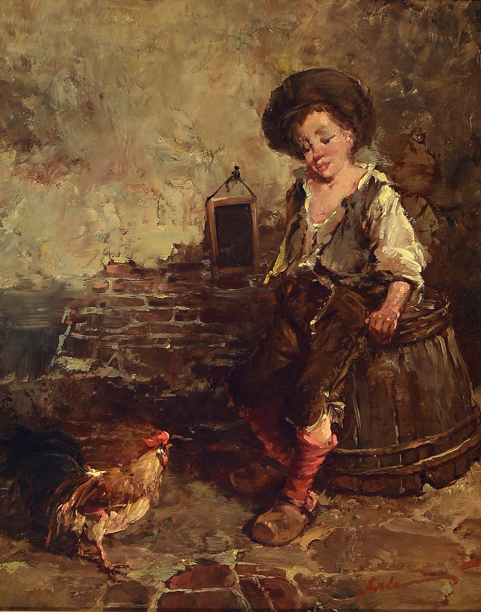 Gerhard Dickmeis, 1918 Heinsberg - 1978 Jülich, Lehre zum Plakatmaler, Bauernknabe im Zwiegespräch mit einem Hahn, Öl/Hartfaser, signiert, 31x25 ...