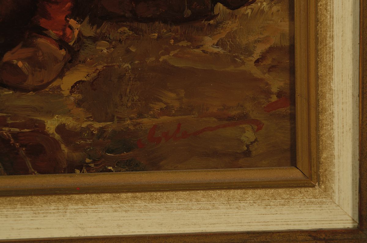 Detail a: Gerhard Dickmeis, 1918 Heinsberg - 1978 Jülich, Lehre zum Plakatmaler, Bauernknabe im Zwiegespräch mit einem Hahn, Öl/Hartfaser, signiert, 31x25 ...