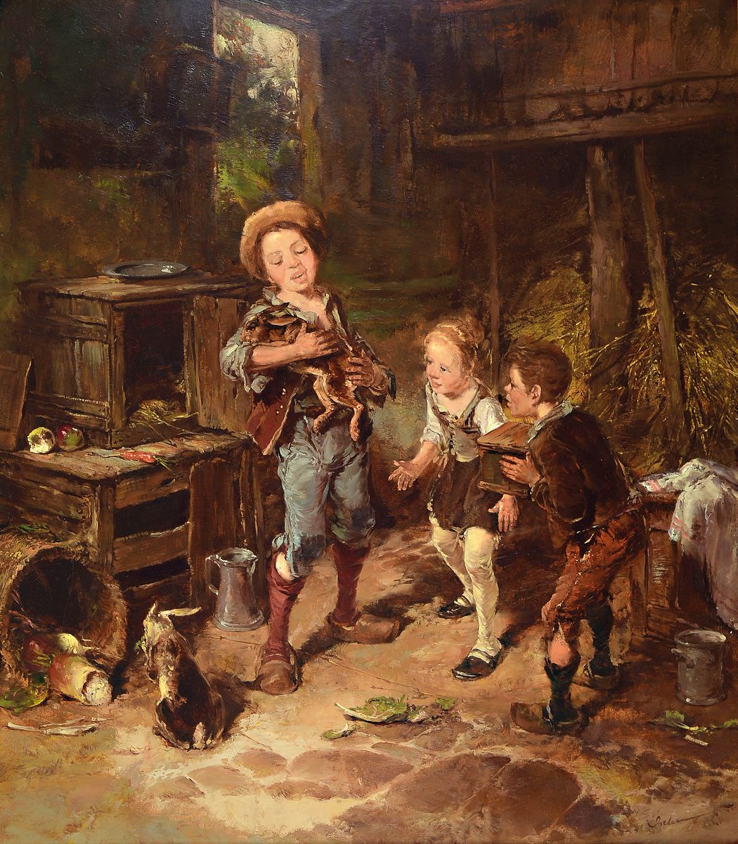 Gerhard Dickmeis, 1918 Heinsberg - 1978 Jülich, Lehre zum Plakatmaler, "Im Hasenstall", Öl/Lwd, signiert, 80x70 cm, Rahmen 92x81 cm, l. ...