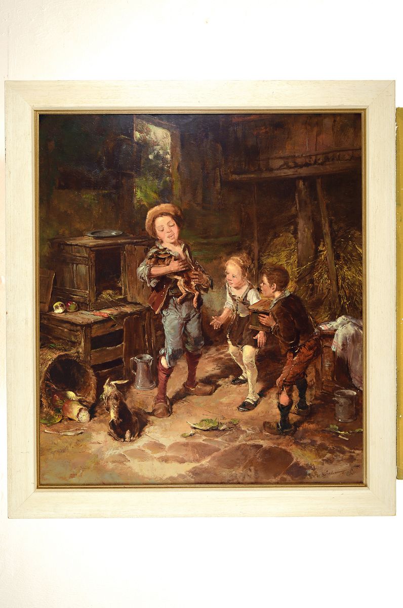 Detail k: Gerhard Dickmeis, 1918 Heinsberg - 1978 Jülich, Lehre zum Plakatmaler, "Im Hasenstall", Öl/Lwd, signiert, 80x70 cm, Rahmen 92x81 cm, l. ...