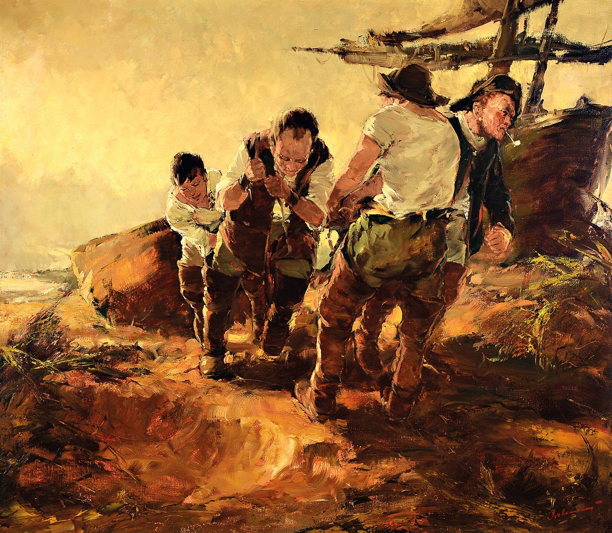 Gerhard Dickmeis, 1918 Heinsberg - 1978 Jülich, Lehre zum Plakatmaler, Fischer beim an Land schleppen ihres Kahns, Öl/Lwd, signiert, 70x80 cm, ...