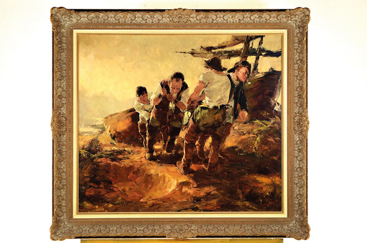 Detail k: Gerhard Dickmeis, 1918 Heinsberg - 1978 Jülich, Lehre zum Plakatmaler, Fischer beim an Land schleppen ihres Kahns, Öl/Lwd, signiert, 70x80 cm, ...