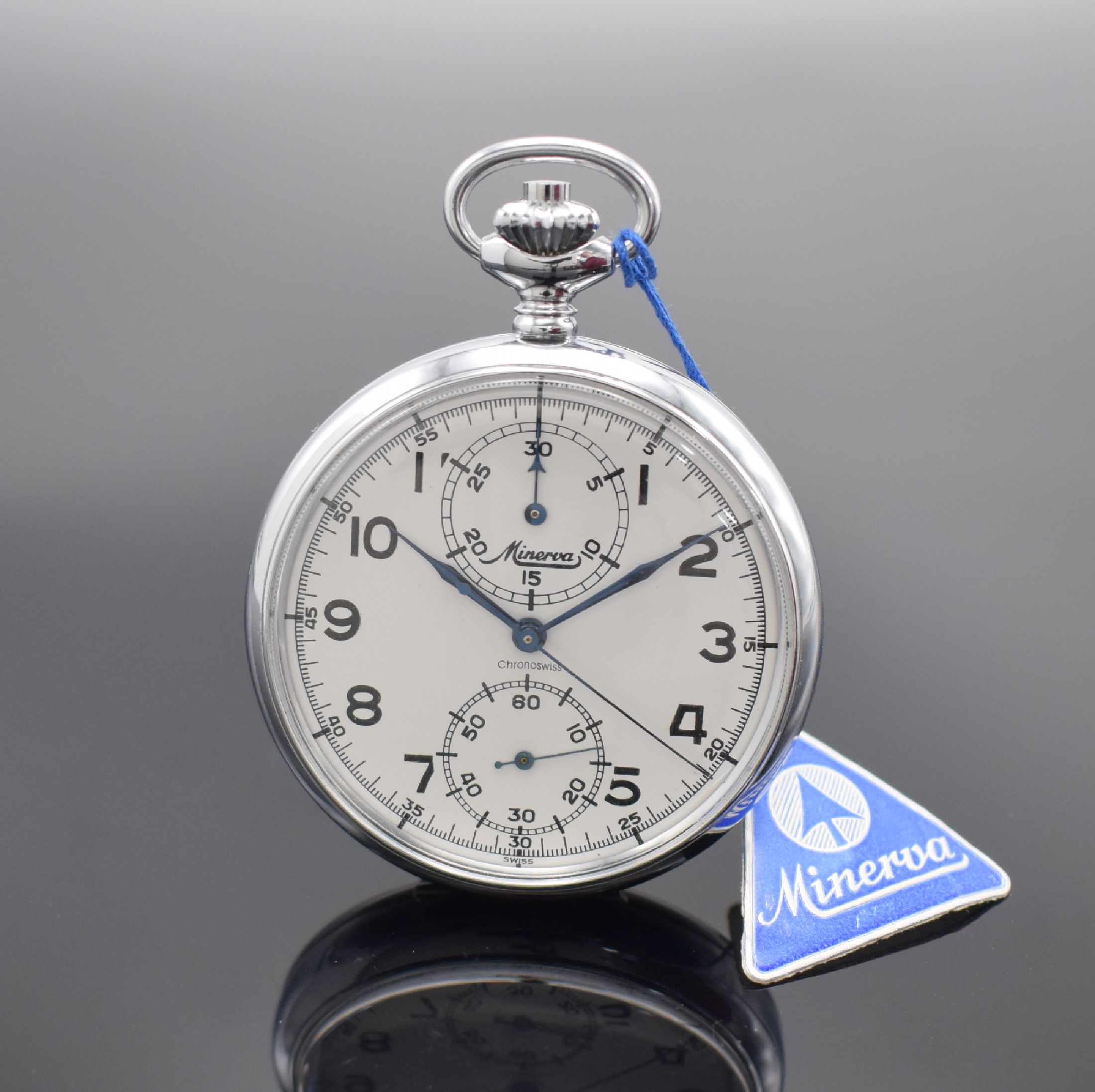 MINERVA nahezu neuwertige Taschenuhr mit Chronograph, Schweiz 1960er Jahre, glattes verchr. Geh., weißes Zifferbl. später, arab. Zahlen, gebl. ...