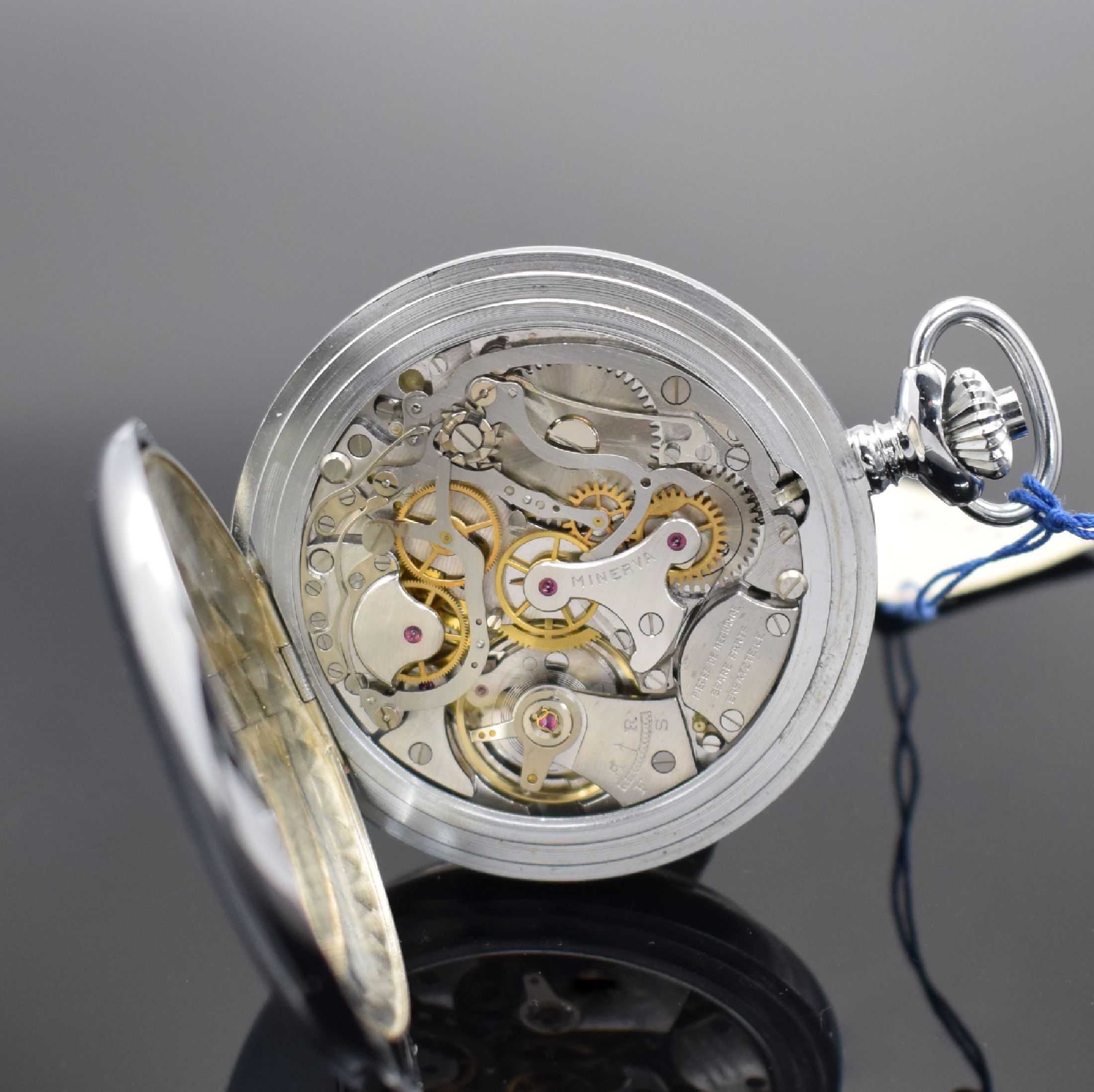 Detail d: MINERVA nahezu neuwertige Taschenuhr mit Chronograph, Schweiz 1960er Jahre, glattes verchr. Geh., weißes Zifferbl. später, arab. Zahlen, gebl. ...