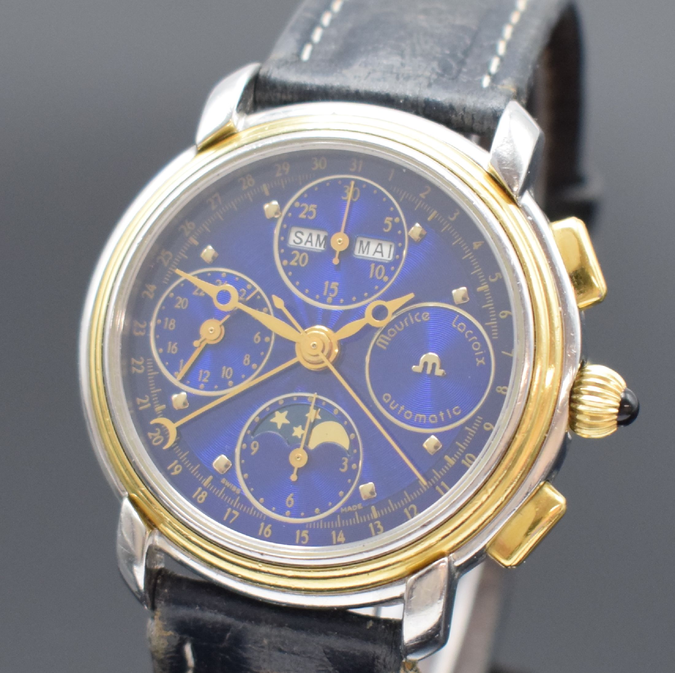 Detail a: MAURICE LACROIX Herrenarmbanduhr mit Chronograph & Vollkalender Referenz 66412, Schweiz um 1994, Automatik, beids. vergl. Gehäuse in Edelstahl & ...