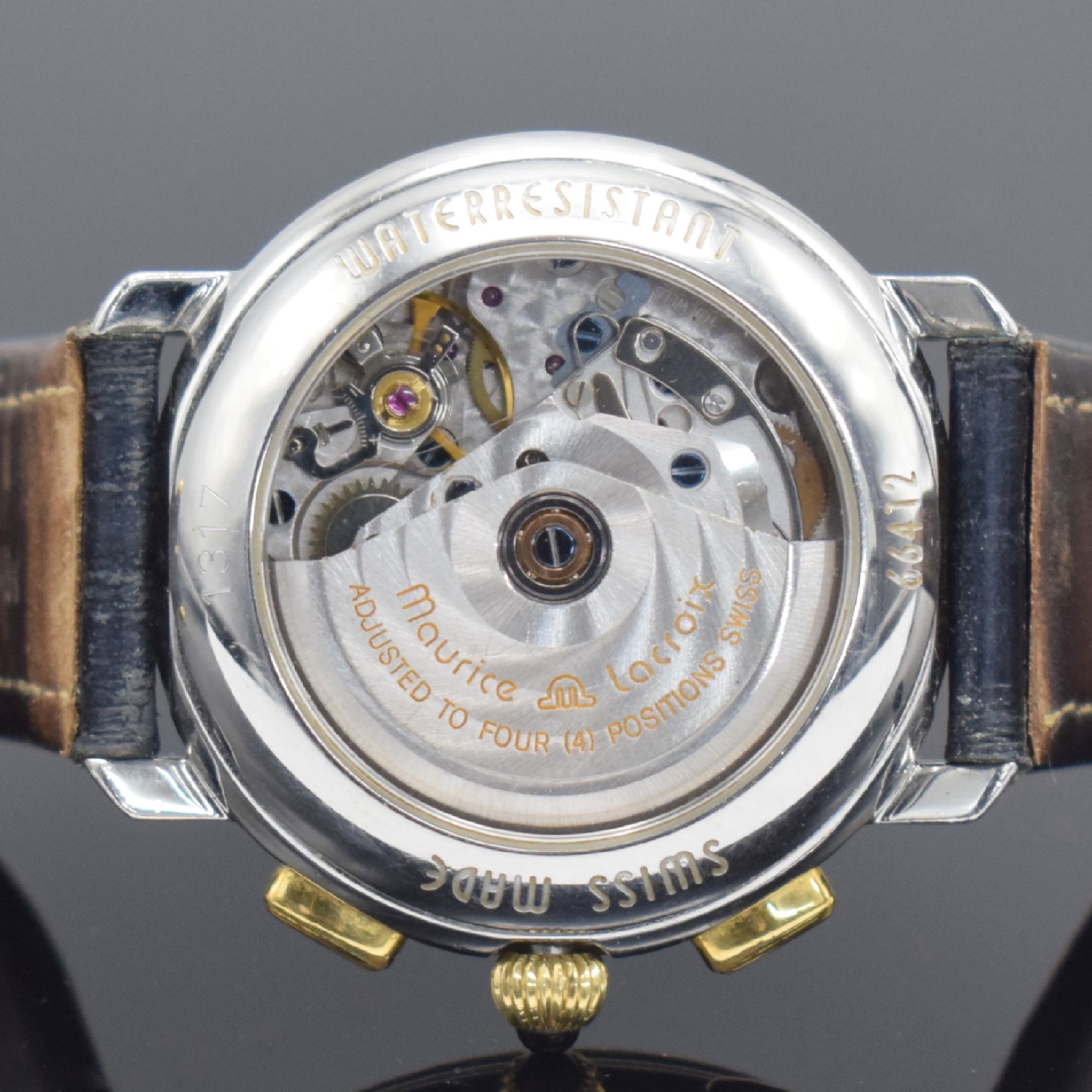 Detail d: MAURICE LACROIX Herrenarmbanduhr mit Chronograph & Vollkalender Referenz 66412, Schweiz um 1994, Automatik, beids. vergl. Gehäuse in Edelstahl & ...