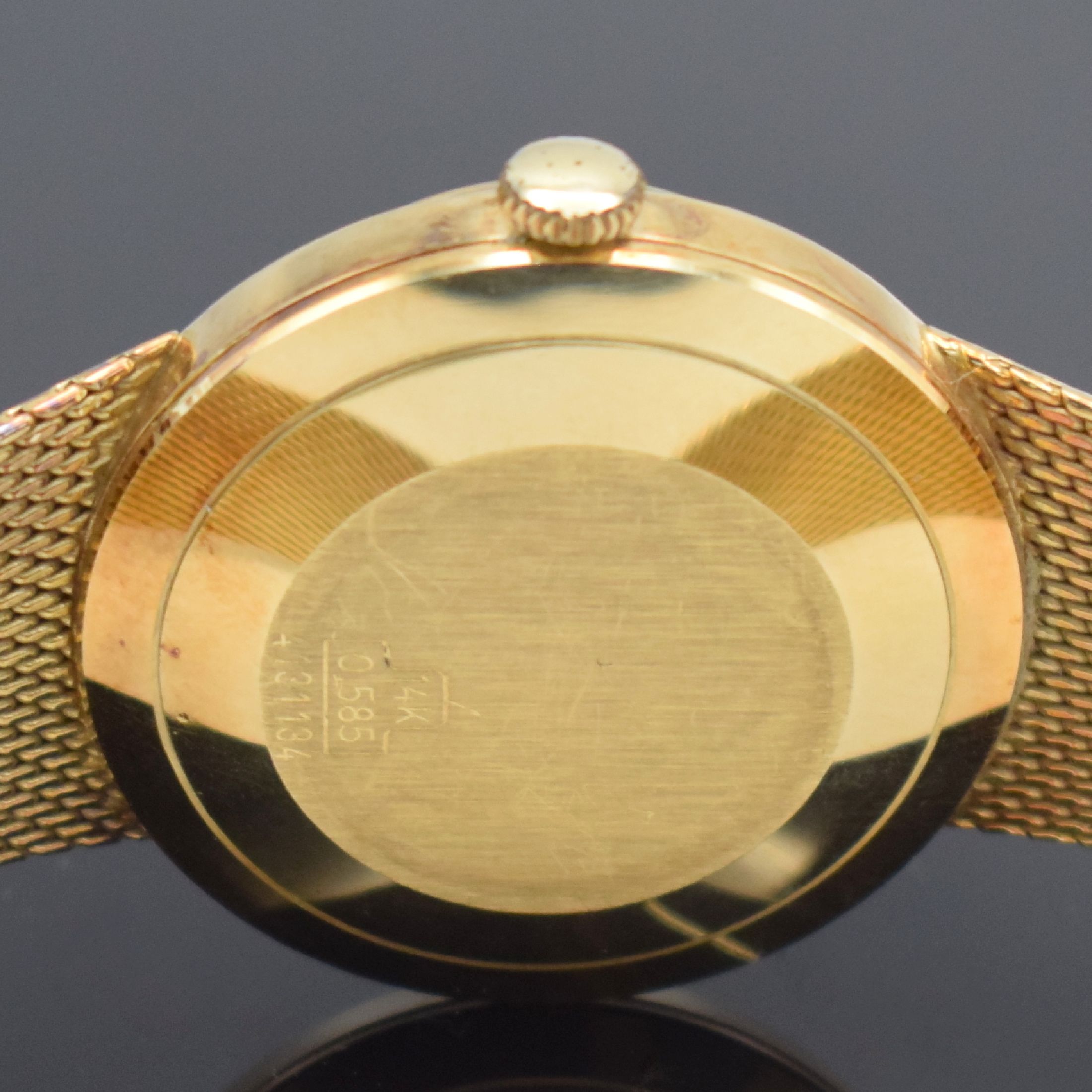 Detail c: AMARA Herrengoldbanduhr in GG 585/000, Schweiz um 1965, Automatik, 2-teil. Gehäuse, Boden aufgedr., Milanaiseband, verg. Zifferbl. m. aufges. ...