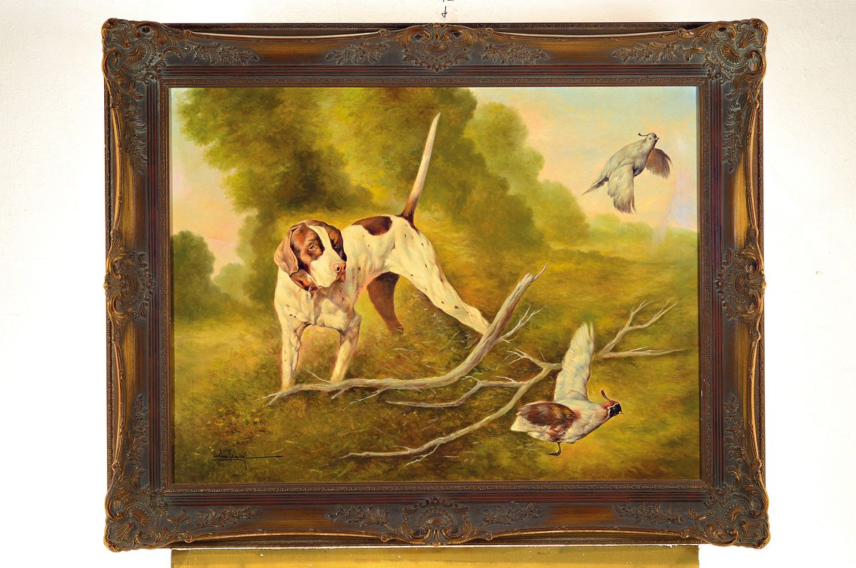 Detail k: Lito Luigi, zeitgen. Traditionalist, Jagdhund mit Fasan, Öl/Lwd, links unten signiert, detaillierte naturalistische Malerei, ca. 60x80cm, R. ca. ...