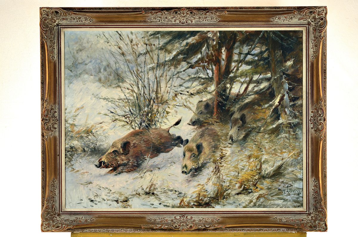 Detail k: Willy Lorenz, 1901-1981 Köln, deutscher Tiermaler der Düsseldorfer Schule, hier: Wildschweine im Schnee, Öl/Lwd, rechts unten signiert, ca. ...