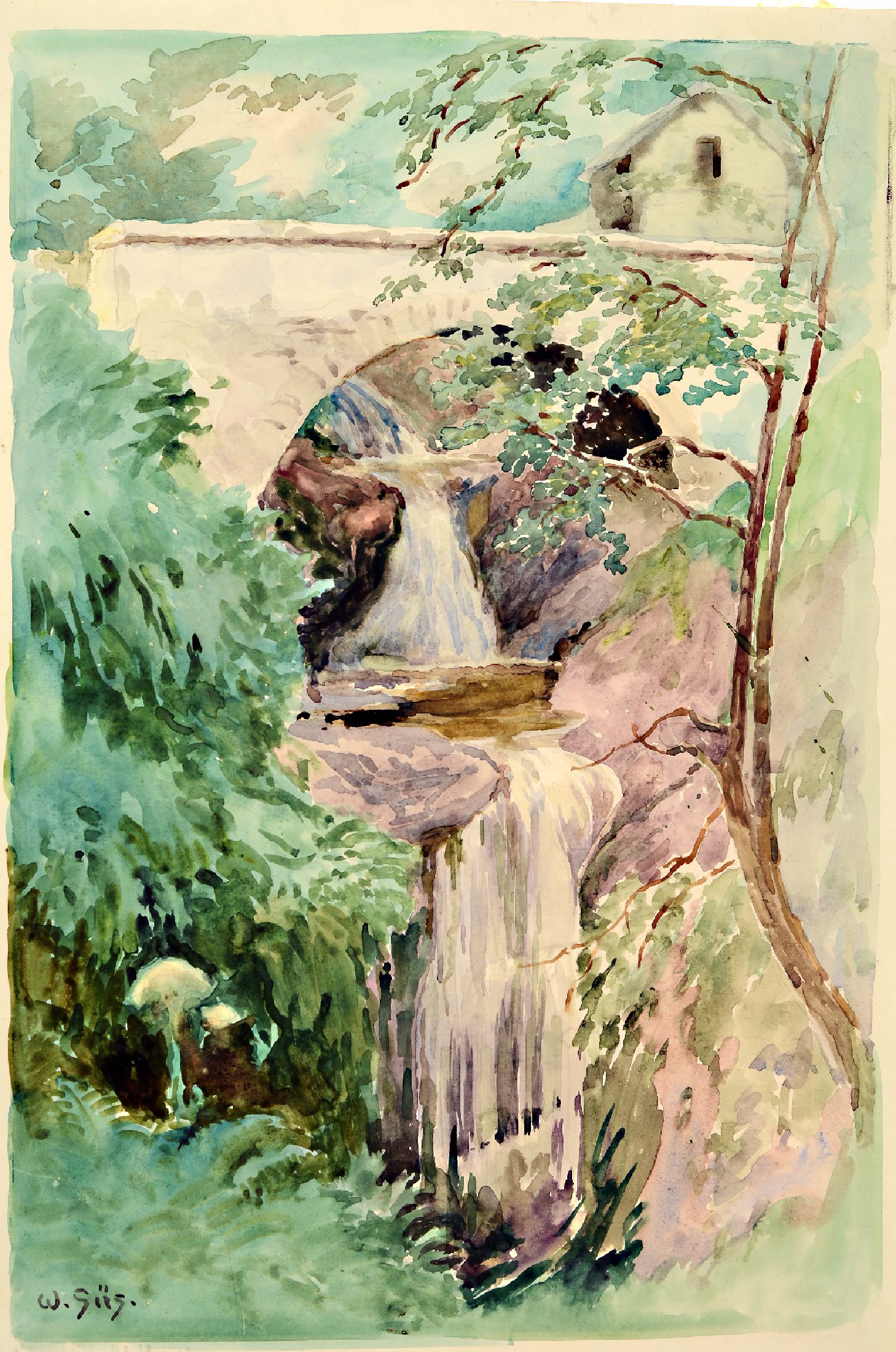 Wilhelm Süs, 1861 Kronberg - 1933 München, Aquarell, Wasserfälle unter steinerner Brücke, links unten signiert, auf Papier, ungerahmt, ca. 48x32 ...