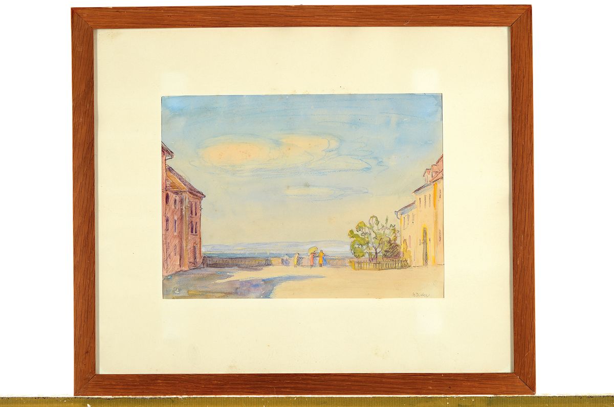 Detail k: Hans Dieter, 1881 Mannheim - 1968 Tuttlingen , Aquarell, Stadtansicht mit Blick auf den Bodensee und bunter Figurenstaffage, rechts unten signiert, ...