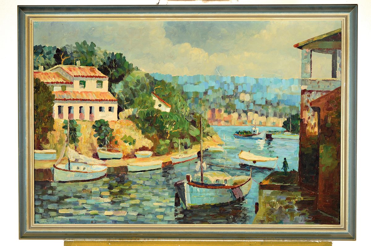 Detail k: Bernard, Maler der Mitte des 20. Jh., Boote auf einem Kanal, wohl Südfrankreich, Öl/Lwd, links unten signiert, ca. 60x90cm, R. ca. 68x98cm