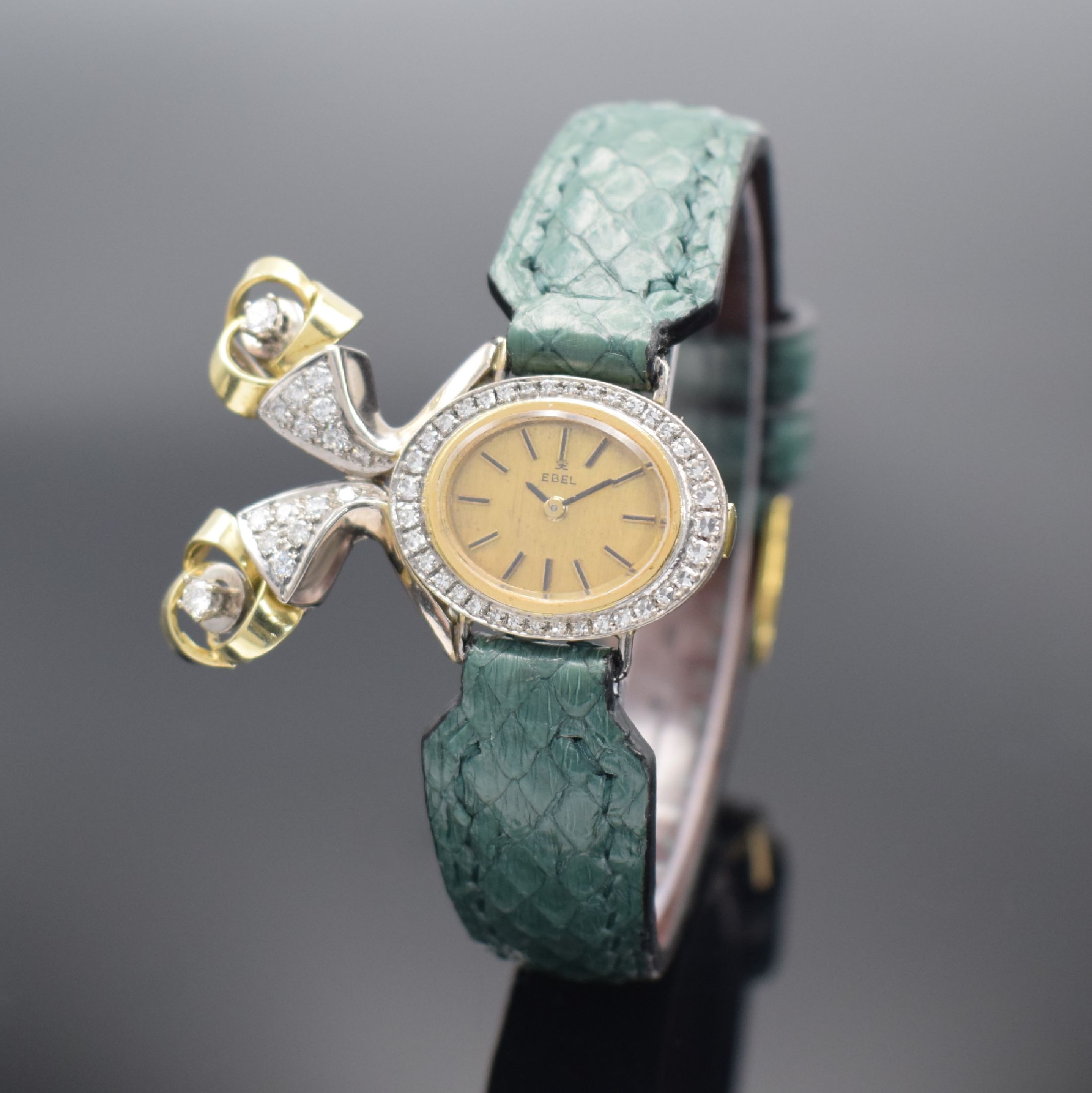 EBEL ausgefallene Damenarmbanduhr in GG/WG 750/000 & 585/000 mit Diamantenbesatz, Schweiz um 1970, Handaufzug, Sonderanfertigung auf Kd.-Wunsch, ...