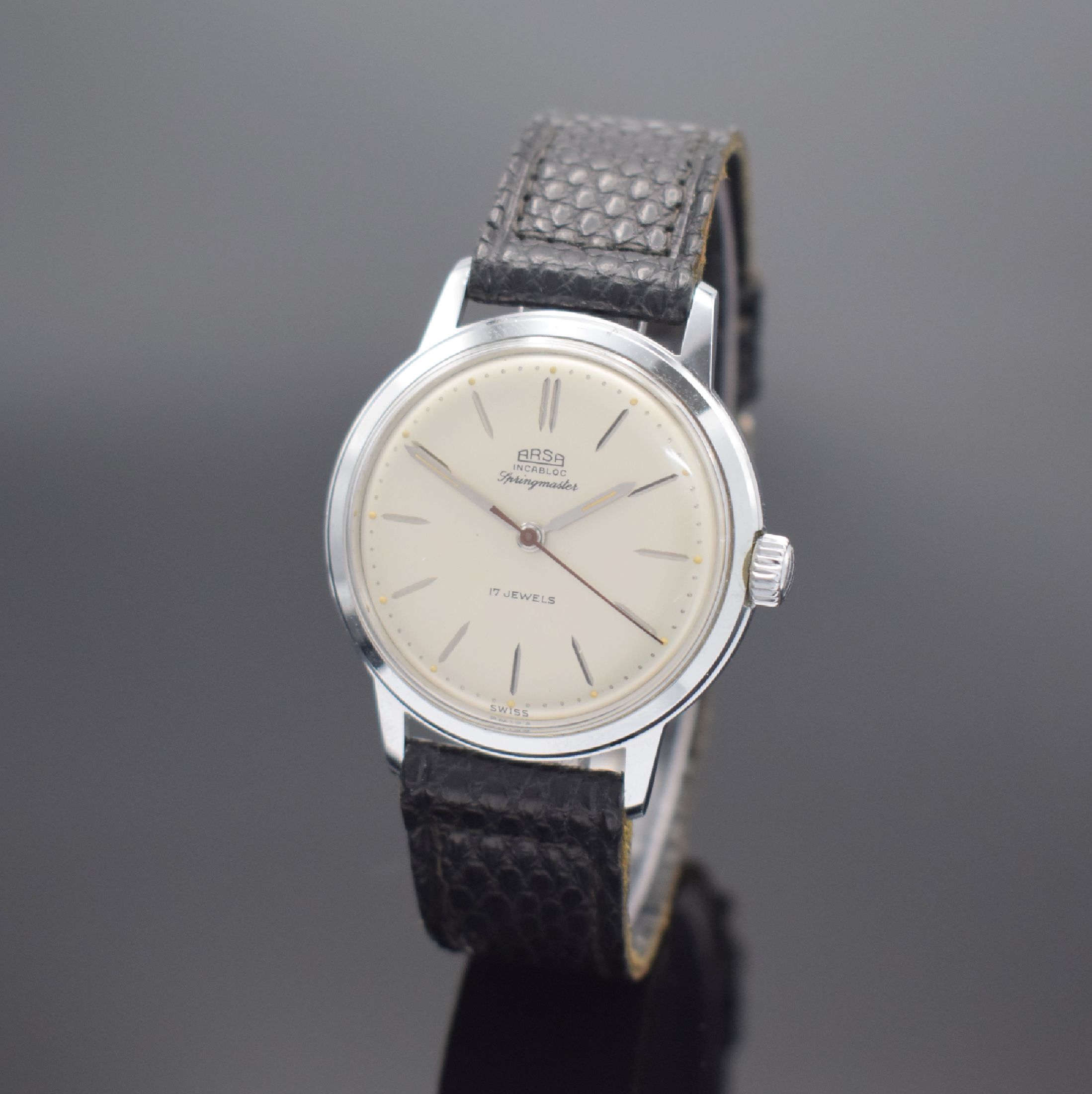 ARSA Springmaster sehr seltene & gut erhaltene Armbanduhr mit springender Zentralsekunde, Schweiz um 1960, Handaufzug, verchr. Geh., Stahlboden ...