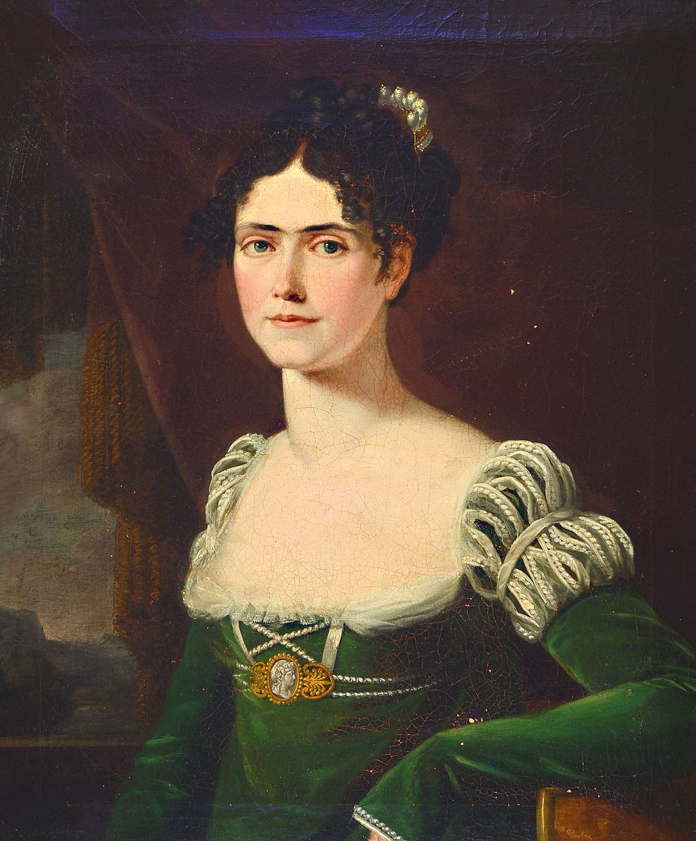 Unbekannter Künstler des Biedermeier, deutsch, um 1815/20, Porträt der Königin Karoline Friederike von Bayern (1776-1841) in grünem Samtkleid mit ...