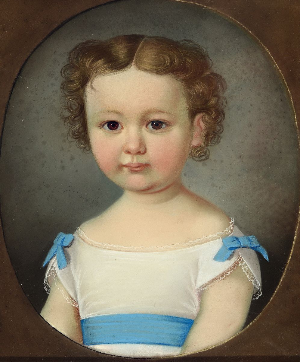Unbekannter Künstler des Biedermeier, deutsch,um 1820/30, Porträt eines Kindes, Pastell auf Papier, ovaler Bildausschnitt ca. 38x31 cm, leicht ...