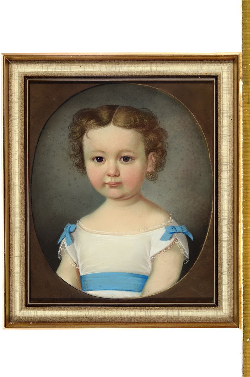 Detail k: Unbekannter Künstler des Biedermeier, deutsch,um 1820/30, Porträt eines Kindes, Pastell auf Papier, ovaler Bildausschnitt ca. 38x31 cm, leicht ...