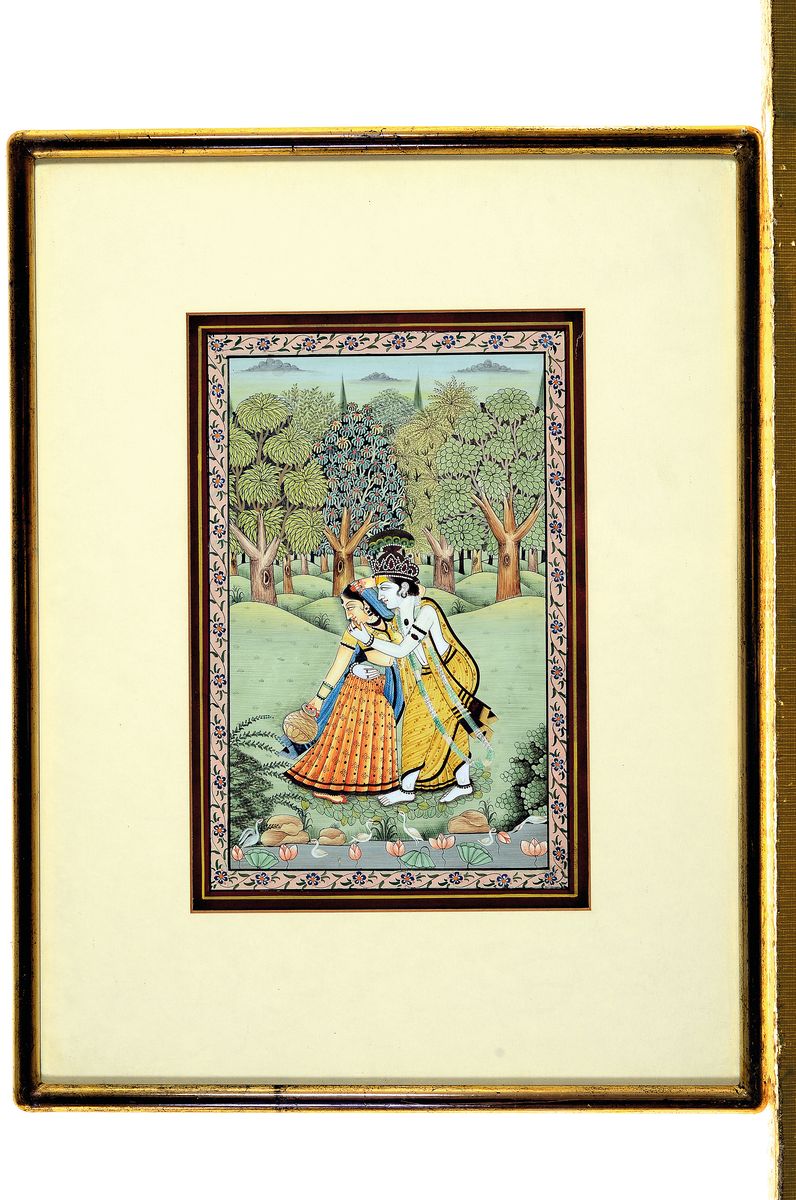 Detail k: 8 indo-persische Buchmalereien aus dem 19. Jh., feine Gouachemalerei auf Papier, teils mit Schrift, von ca. 17x9cm bis ca. 20x13cm, alle u.Gl., und ...