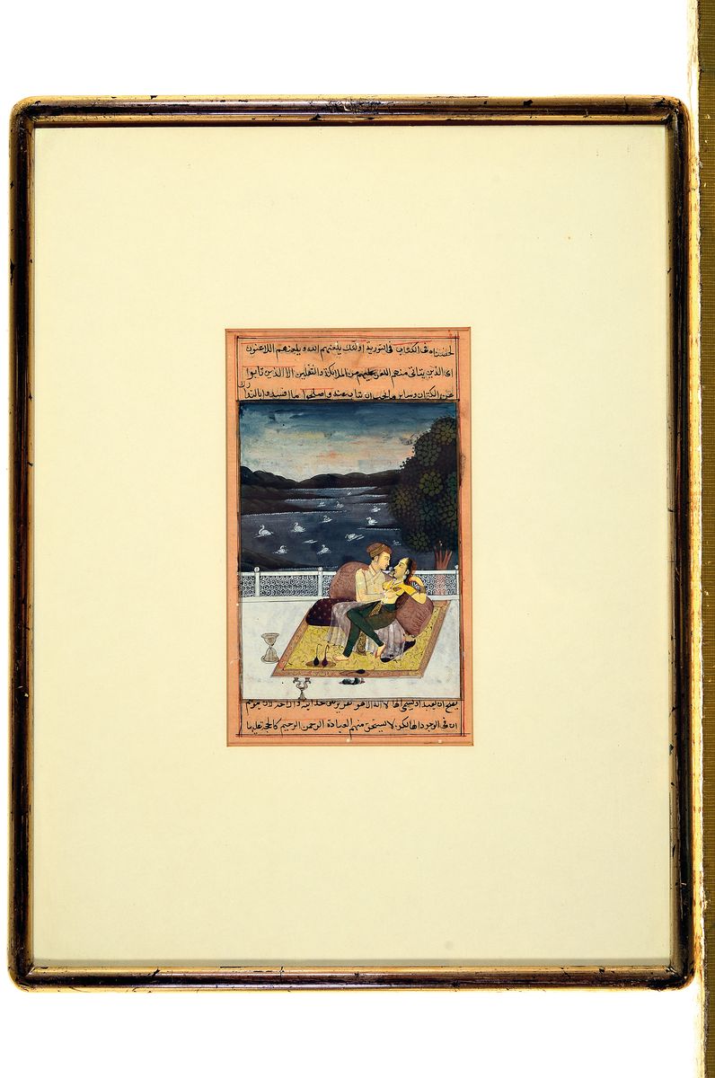 Detail m: 8 indo-persische Buchmalereien aus dem 19. Jh., feine Gouachemalerei auf Papier, teils mit Schrift, von ca. 17x9cm bis ca. 20x13cm, alle u.Gl., und ...