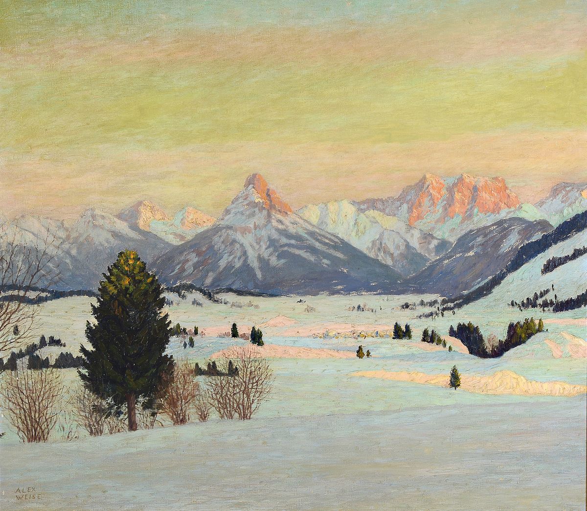 Alexander Weise, 1883 Odessa-1960 München, verschneite Alpenlandschaft, Öl/Lwd, links unten signiert "Alex Weise", ca. 70x78cm/86x93cm, ...