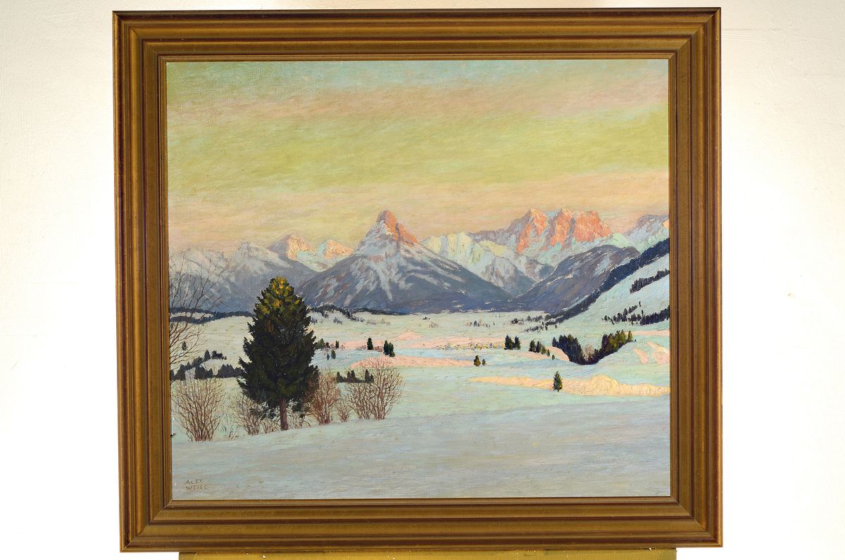 Detail k: Alexander Weise, 1883 Odessa-1960 München, verschneite Alpenlandschaft, Öl/Lwd, links unten signiert "Alex Weise", ca. 70x78cm/86x93cm, ...