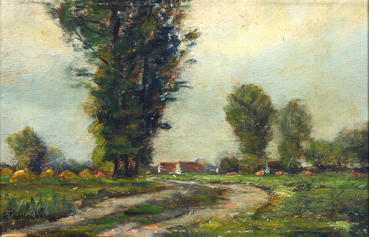 Richard Falkenberg, 1875 Wuppertal-1948 Zeulenroda, Feldweg mit Bäumen und Ortschaft im Hintergrund, Öl/Holz, links unten signiert, ca. ...