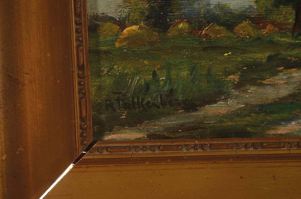 Detail a: Richard Falkenberg, 1875 Wuppertal-1948 Zeulenroda, Feldweg mit Bäumen und Ortschaft im Hintergrund, Öl/Holz, links unten signiert, ca. ...