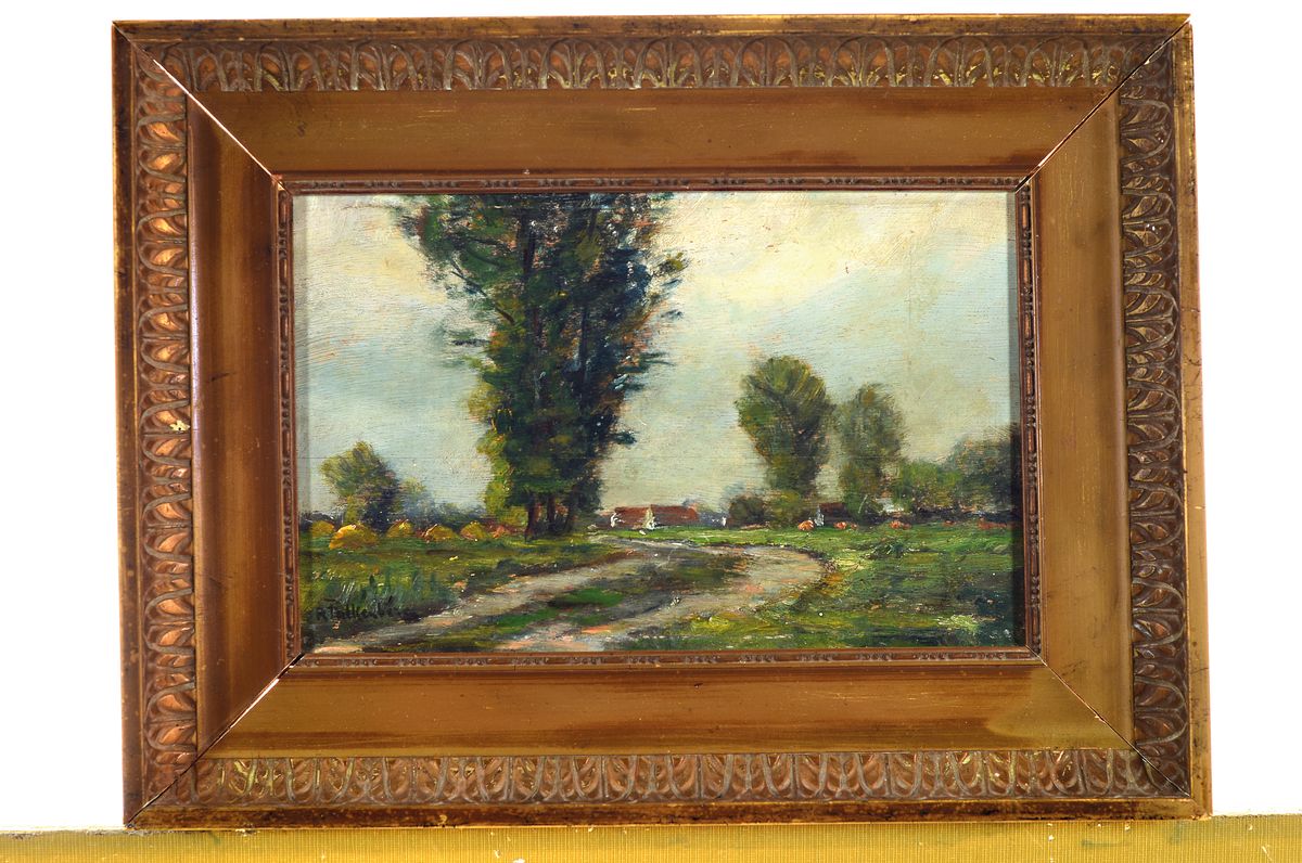 Detail k: Richard Falkenberg, 1875 Wuppertal-1948 Zeulenroda, Feldweg mit Bäumen und Ortschaft im Hintergrund, Öl/Holz, links unten signiert, ca. ...