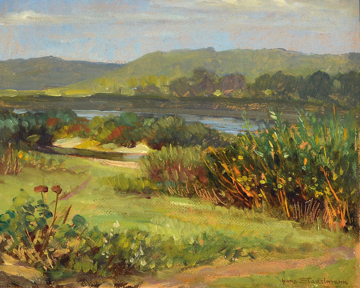 Hans Stadelmann, 1876 Nürnberg-1950 Lenggries, Am Main in Unterfranken, rückseitig so betitelt, Öl/Malkarton, rechts unten signiert, ca. 24x30cm, ...